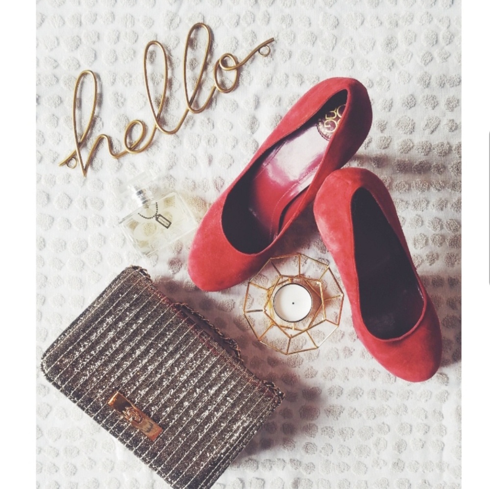 BCBG Red suede pumps with 2in. heels (Sz 7 1/2B)